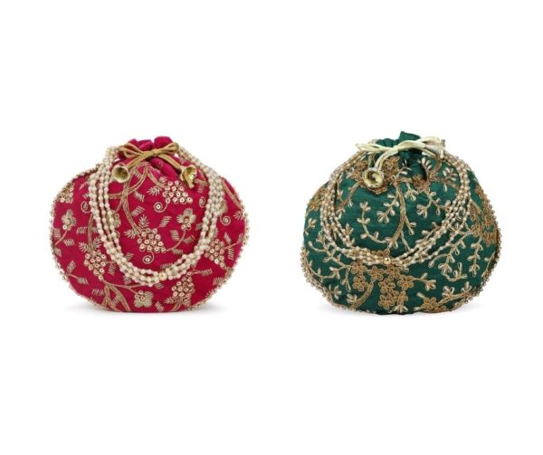Designer Embroidered Potli Bag Combo- Pink & Green