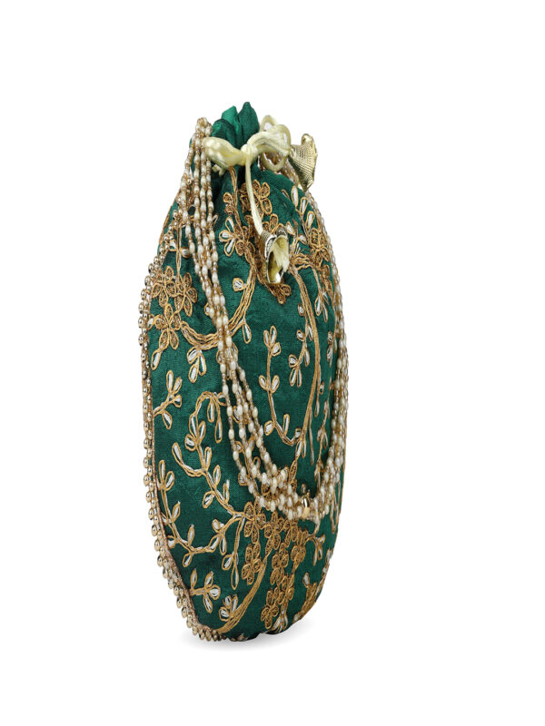 Women's Velvet Designed Green Color Potli Bag - Image 3