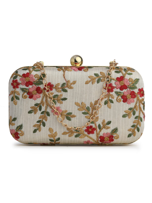 Off White & Gold Embroidered Box Clutches For Girls and womens(01)