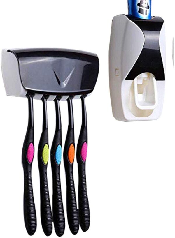 Toothbrush Holder with Cover Automatic Toothpaste Dispenser Set Dustproof with 3M Sticky Suction Pad Wall Mounted Kids Hands Toothpaste Squeezer for Washroom (Color May Vary, Plastic) - Image 2