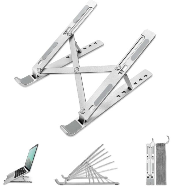 Laptop Stand, Fold-Up, Adjustable, Ventilated, Portable Laptop Holder for Desk, Aluminum Foldable Laptop Ergonomic Compatibility with up to 15.6-inch Laptop, All Mac, Tab, and Mobile (Silver)