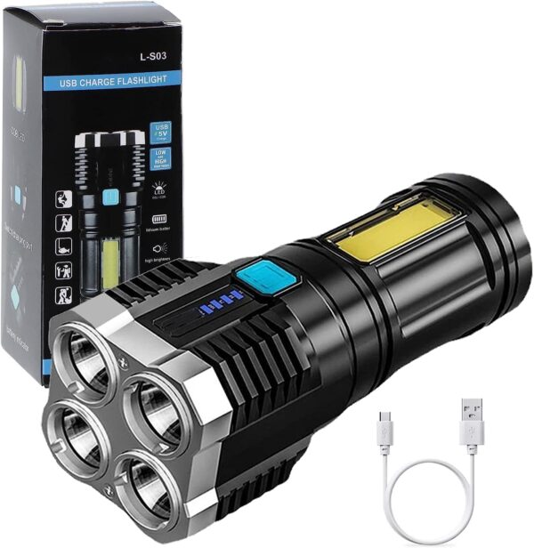 4 in 1 Led Torch Lights Rechargeable Emergency Torch Light 3W USB Charge Flashlight - High Power Long Distance Beam Range 4 Mode Torch for Outdoor, Indoor,Hiking,Walking,Camping
