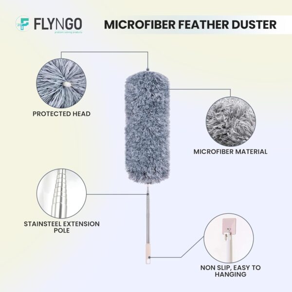 Microfiber Feather Duster Bendable & Extendable Fan Cleaning Duster with 100 inches Expandable Pole Handle Washable Duster for High Ceiling Fans, Window Blinds, Furniture (Grey) - Image 2