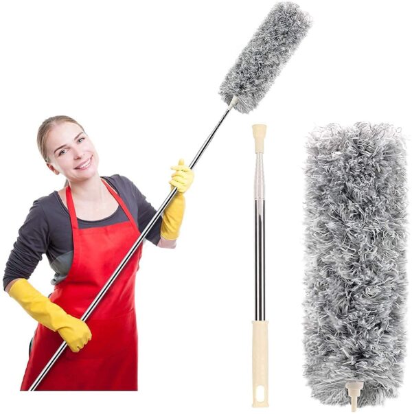 Microfiber Feather Duster Bendable & Extendable Fan Cleaning Duster with 100 inches Expandable Pole Handle Washable Duster for High Ceiling Fans, Window Blinds, Furniture (Grey)